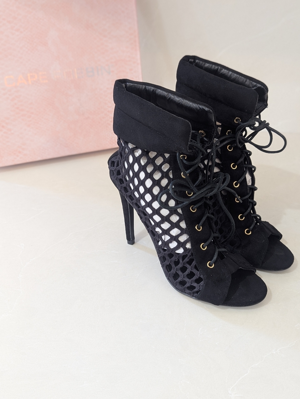 Cape Robbin Black Lace-Up Peep Toe High Heel Booties